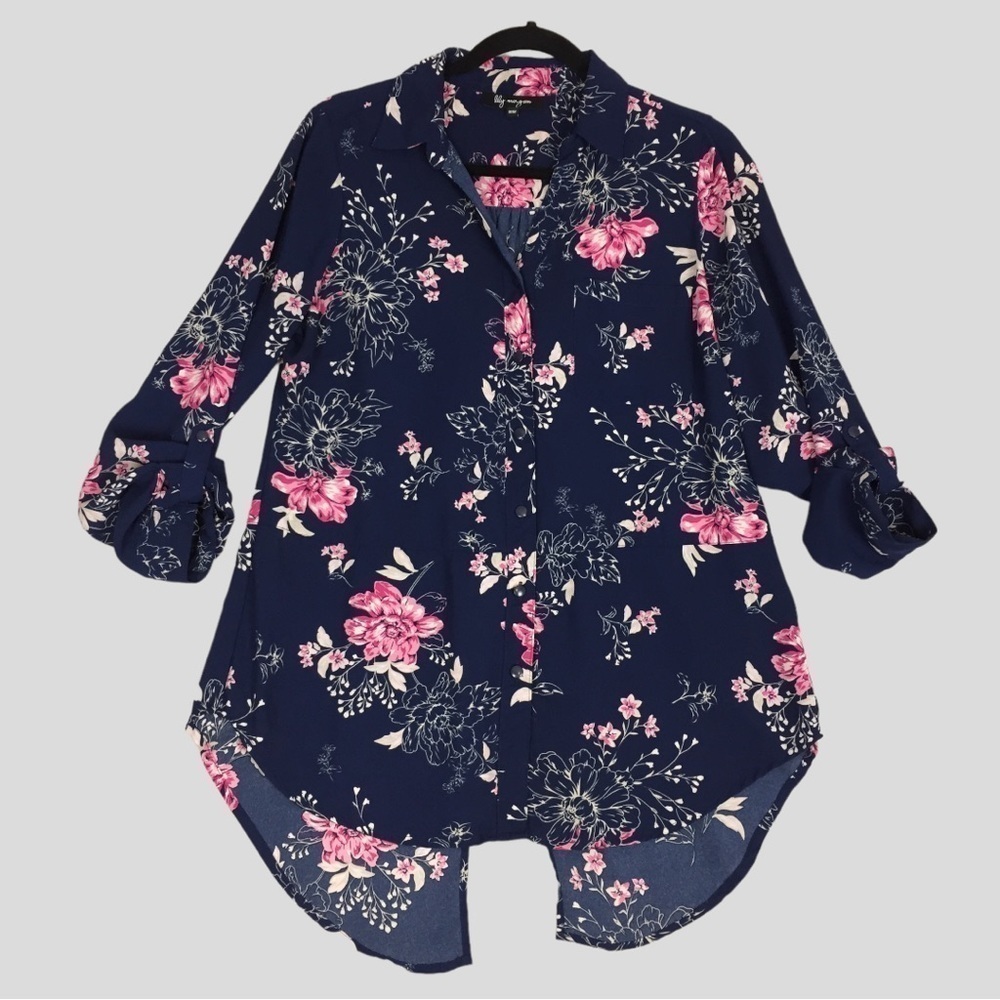Lily Morgan Floral Blouse Womens Med High Low Split Hem Shirt Roll Tab Sleeves
